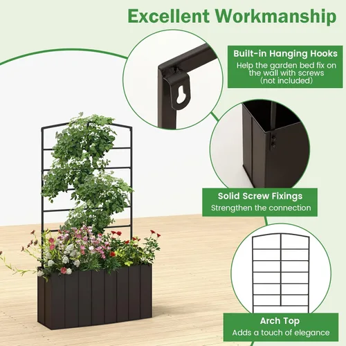 Vista 8 de HAPPYGRILL 2 camas de jardín elevadas de 44 pulgadas con enrejado, maceta resistente para plantas trepadoras y plantas de cesta, cama elevada