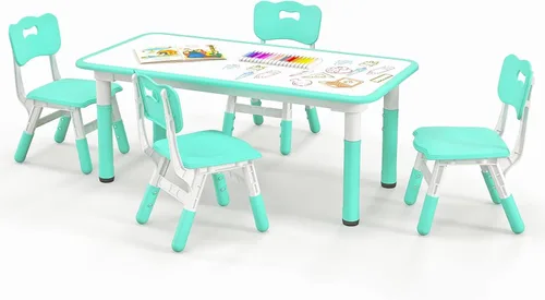 Costzon Juego de mesa y 4 sillas para niños, escritorio y sillas para niños pequeños de altura ajustable con escritorio de graffiti, patas Verde