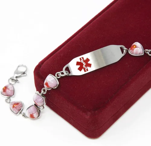 Vista 6 de Medical Bracelet For Women With Free Engraving, Pink Glass Stainless Steel Personalized Medic ID Custom Sized Alert