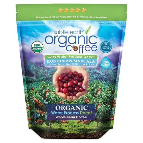 Descafeinado orgánico sutil, 2 libras, descafeinado con agua suiza, tueste medio, granos enteros de café, baja acidez, certificado orgánico emitido
