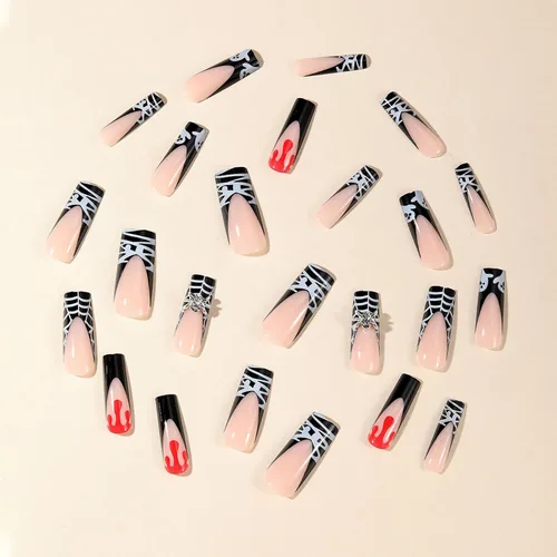 Vista 3 de Uñas postizas a presión de Halloween, uñas postizas largas con punta francesa, uñas acrílicas negras de RIICFDD con diseño de telaraña fantasma