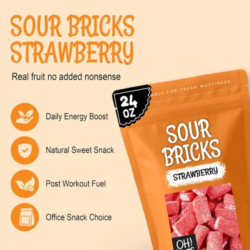 Vista 3 de Oh! Nuts Sour Bricks: Sour Strawberry - Bolsa resellable a granel de 24 onzas - Arco iris - Gomitas - Caramelos - Para toda ocasión - Fiestas