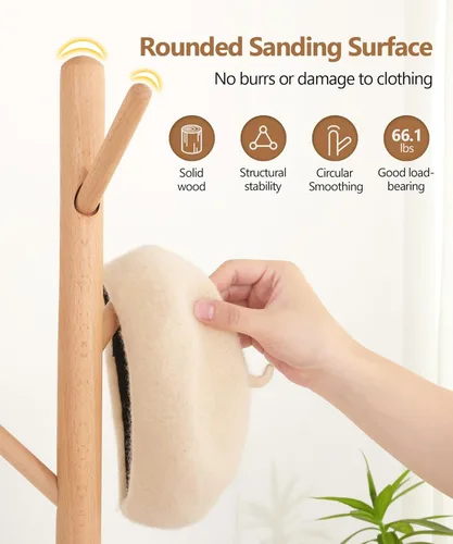 Vista 4 de Cozivolife Perchero de pie, perchero de madera con 9 ganchos y 3 alturas ajustables, abrigo de árbol de madera de haya para dormitorio, oficina