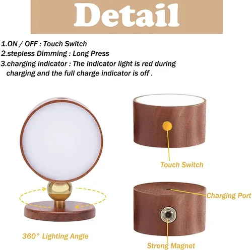Vista 3 de LANDGOO Apliques de Pared de Madera Sapele Lámpara de Mesita de Noche Paquete de 2 - Luces Magnéticas Recargables Regulables 360° para Pasillo