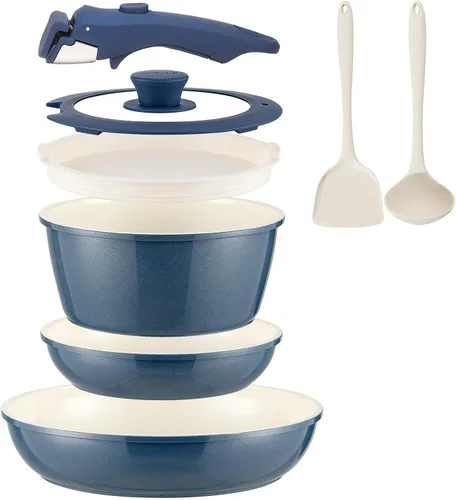 8Pcs Pots and Pans Set Nonstick Ceramic Cookware Set Removable Handle Induction Kitchen Cooking Set with Frying Pans and Sauce Pan, Blue