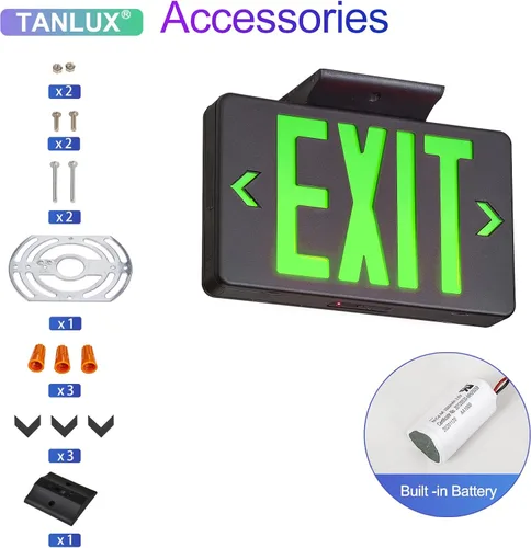 Vista 4 de TANLUX Señal de salida verde con carcasa negra, luz LED de salida de emergencia con batería de respaldo, certificación UL, letreros de salida