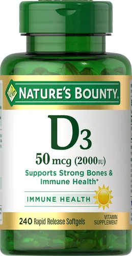 Nature's Bounty Vitamina D3, apoyo inmunológico y óseo, suplemento vitamínico, 2000 UI, 240 cápsulas blandas de liberación rápida