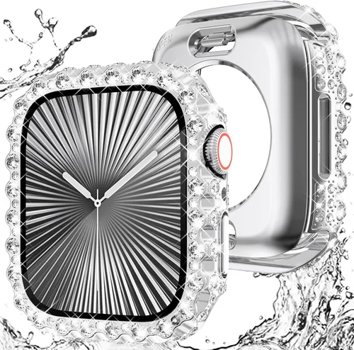 Vista 23 de Wingle 2 en 1 Funda impermeable para Apple Watch 40mm Protector de pantalla SE 3/2/1 Series 6 5 4, Bling Lace Edge Diamond Cara Cubierta Completa