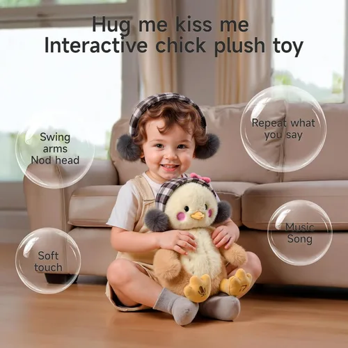 Vista 2 de TUMAMA - Juguete de peluche electrónico interactivo de pollo para abrazar, canta, abraza y repite lo que dices, regalo de cumpleaños para niños
