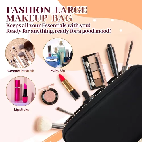 Vista 3 de Bolsa de maquillaje grande de nailon, bolsas de maquillaje de viaje para mujeres, lindo bolso cosmético con cremallera, Negro -, Moda