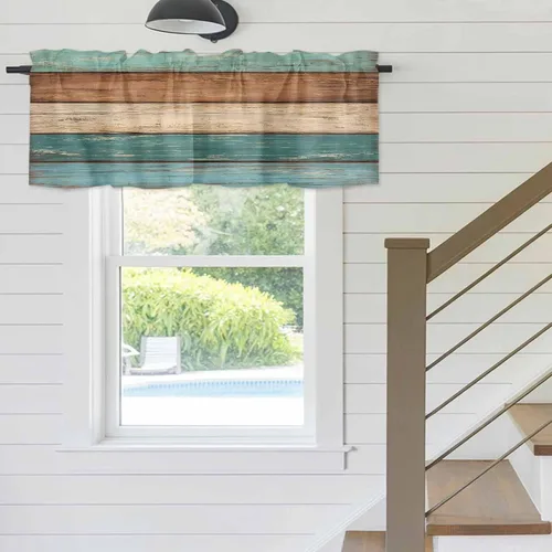 Vista 3 de Cortinas de cocina estilo granja con cenefas para ventanas en color teja turquesa verde marrón con bolsillo para barra, tratamiento de ventana