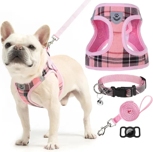 Vista 24 de EXPAWLORER Arnés clásico a cuadros para cachorro, collar y correa para perro, de malla suave, acolchado, ajustable, arnés de chaleco para perros