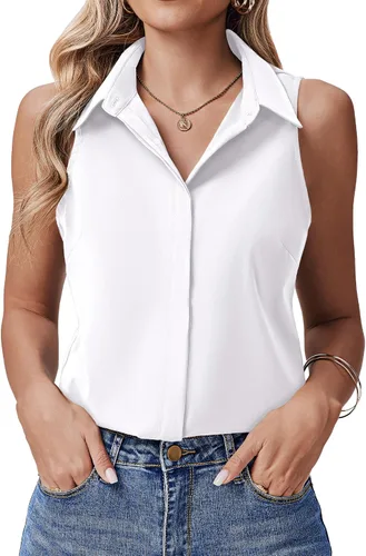 HOTOUCH Camisas sin mangas con botones ocultos para mujer, frente con botones ocultos, cuello, blusas casuales elegantes holgadas para oficina,