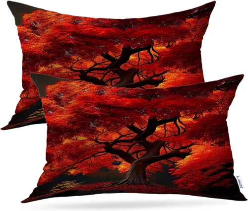 Vista 37 de Batmerry Autumn Maple Forest Throw Pillow Covers, Wooden Chair Houses Yellow Leaves Decorative Pillow Covers Digital Printing Blended Fabric for