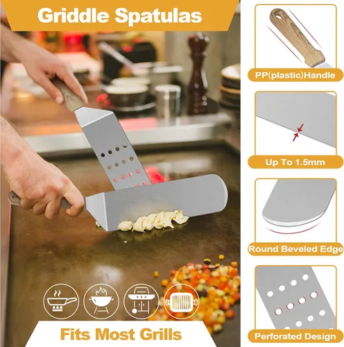 Vista 3 de HaSteeL - Juego de 5 espátulas de metal, kit de accesorios de plancha resistente, de acero inoxidable duradero, para hamburguesas, espátulas