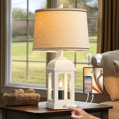 Vista 9 de QiMH Lámpara de mesa para sala de estar, lámparas de granja con USB A+C y luz nocturna, lámparas de noche rústicas de 26" con control táctil