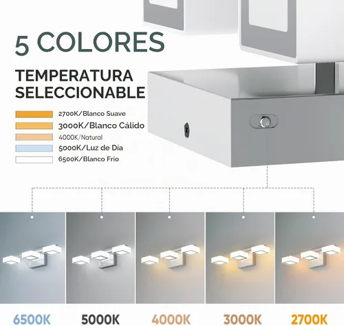 Vista 3 de Moderna lámpara LED de baño sobre el espejo, 3 luces regulables de tocador, lámpara de tocador de baño de acrílico cromado, ajustable de 2700 K-6500