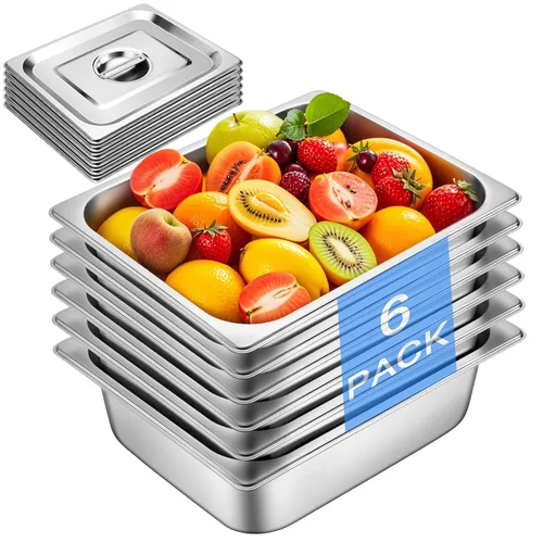 Vista 11 de Sartén de hotel con tapas de medio tamaño de 6.35 cm de profundidad, platos calentadores de acero inoxidable para buffet, sartén de mesa de vapor