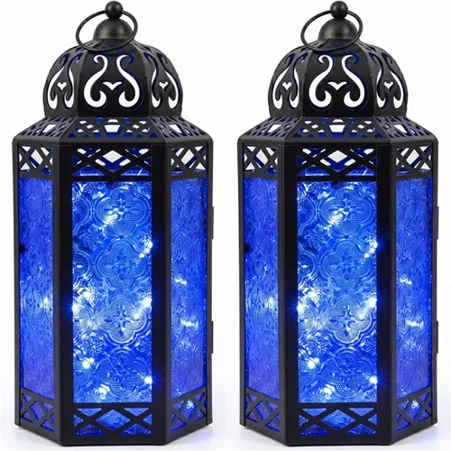 Vista 69 de VELA LANTERNS Juego de 2 portavelas decorativos de LED con luces de hadas de 12" de metal marroquí para colgar o mesa, decoración del hogar