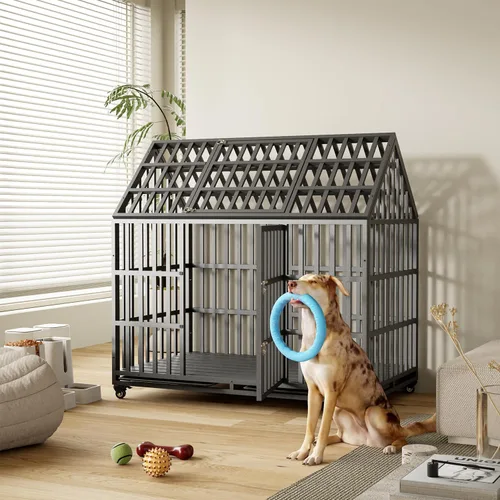 Vista 6 de Jaula de acero indestructible de 52 pulgadas para perros, a prueba de escape, para interiores de doble puerta a prueba de mordidas, alta ansiedad