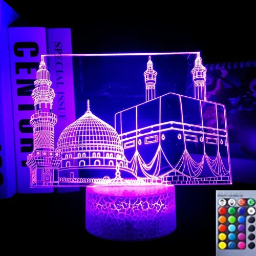 3D musulmán Allah Islámico noche luz lámpara ilusión luz de noche 16 colores cambiante mesa decoración lámparas regalo acrílico plana ABS base cable