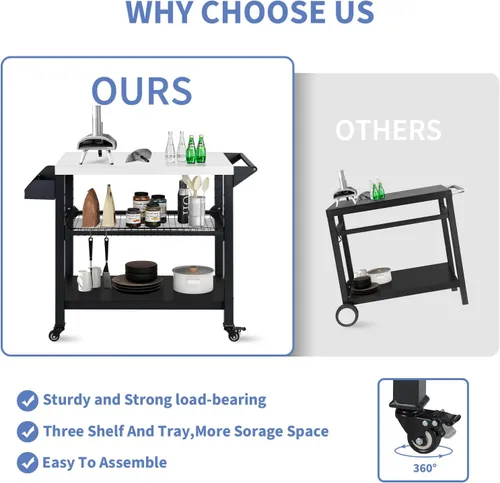 Vista 5 de Polar Aurora Carrito de parrilla móvil de tres estantes para exteriores, soporte para horno de pizza, mesa multifuncional de preparación