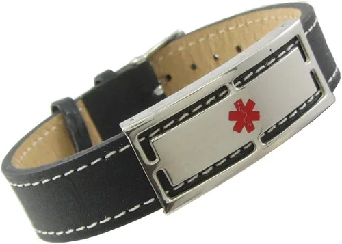 Vista 7 de Pulsera de alerta médica de cuero genuino con grabado