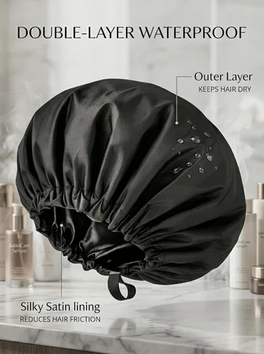 Vista 5 de Aquior Gorro de ducha para mujer, extra ajustable, doble capa, impermeable, reutilizable, gorra de pelo de tamaño grande para todo el cabello