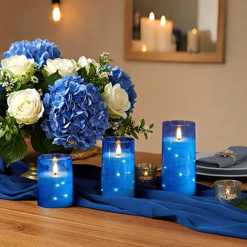Vista 4 de Homemory Velas sin llama con cadena de estrellas incrustadas, velas que funcionan con pilas, velas LED, velas falsas con control remoto y Azul