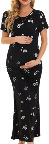 Vista 2 de Smallshow Vestido de maternidad largo dividido para mujer, manga corta, fruncido, ropa de embarazo