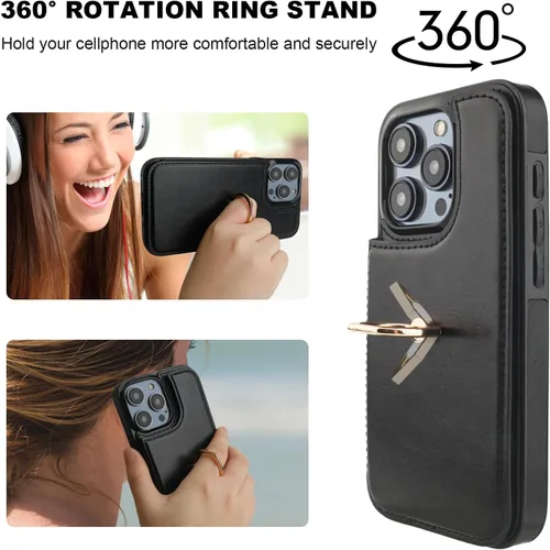 Vista 5 de ONETOP Funda tipo cartera para iPhone 15 Pro con soporte para tarjetas, anillo de rotación de 360°, función atril, bloqueo RFID, piel sintética