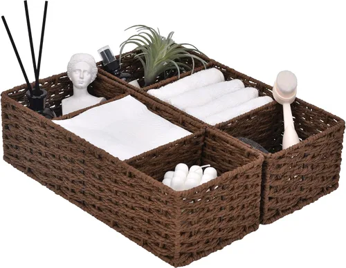 Vista 11 de StorageWorks Cestas de mimbre de 3 secciones para estantes, cestas de almacenamiento de cuerda de papel redondas tejidas a mano, gris, paquete de 2