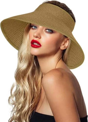 ELEHOLD Viseras solares para mujer, sombreros de playa de ala ancha, sombrero de paja enrollable, plegable, con protección UV, sombrero de viaje de