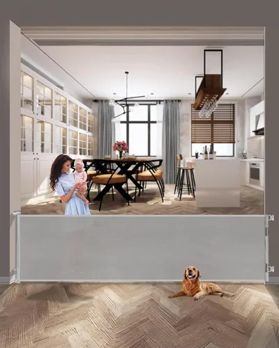 Vista 10 de AOURMKOOP Puerta retráctil para bebé, puerta de malla para bebés o puerta de malla para perros, 33 pulgadas de alto, se extiende hasta 55 pulgadas