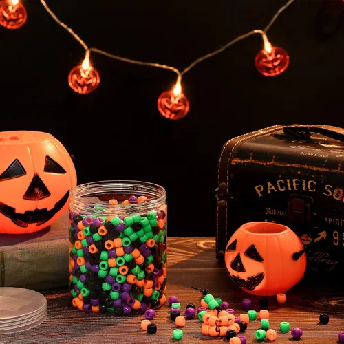 Vista 4 de 1000 cuentas de poni de Halloween, color negro, naranja, verde, morado, cuentas redondas de plástico a granel con caja de almacenamiento para hacer