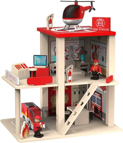 Wooden Fire Station Playset, Multicolor 3-Level Pretend Play Dollhouse with Figures, Truck, Helicopter and Accessories, Preschool Learning
