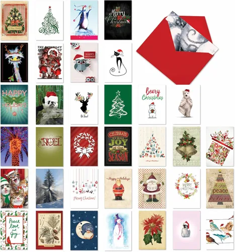 The Best Card Company - Juego de 36 tarjetas de felicitación navideñas surtidas con sobres (36 diseños, 1 de cada uno) Paquete variado de tarjetas