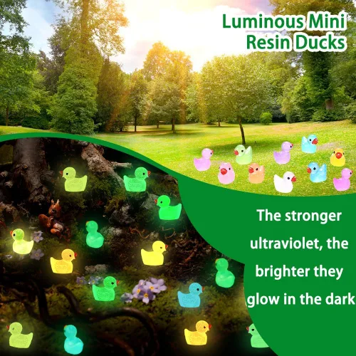 Vista 4 de DULEFUN 100 piezas mini patos con purpurina coloridos pequeños de resina para ocultar figuras de animales de plástico para casa de muñecas, micro