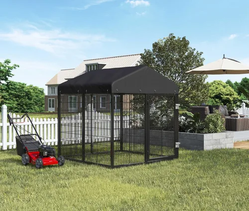 Vista 3 de Gran recinto para perros al aire libre, jaula resistente con techo, valla de acero galvanizado para perreras con doble cerradura de seguridad