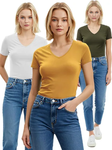 Vista 156 de Emmalise Camiseta de manga corta para mujer, cuello en V, tallas junior y plus