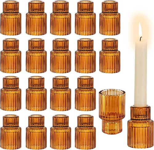 Vista 10 de Portavelas cónicos de vidrio Glasseam: juego de 2 portavelas cónicos ámbar con nervaduras, portavelas pequeños para centro de mesa, ideales
