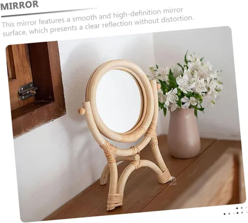 Vista 3 de GANAZONO Rattan Makeup Mirror 3-Legged Round Decorative Mirror Adjustable Rotation for Girls Bedroom for Makeup and Decor