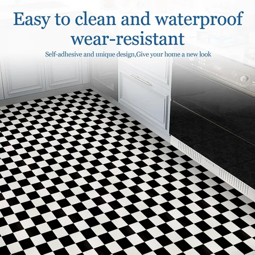 Vista 4 de Azulejos de piso de despegar y pegar: 10 piezas de 11.81 * 11.81 pulgadas, piso de vinilo impermeable, adhesivo autoadhesivo para Negro y blanco
