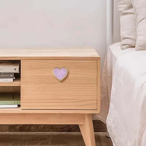 Vista 4 de Pomo de cristal morado en forma de corazón, 6 piezas de pomo de puerta de gabinetes, manija de un solo agujero para sala de estar, dormitorio, baño