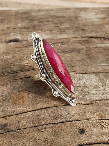 Vista 8 de Ruby Ring, Bohemian Jewelry, Long Ring, Eye Shape, Bridesmaids Gift, Promise Engagement Ring, 925 Sterling Silver Ring, Full Finger Jewelry