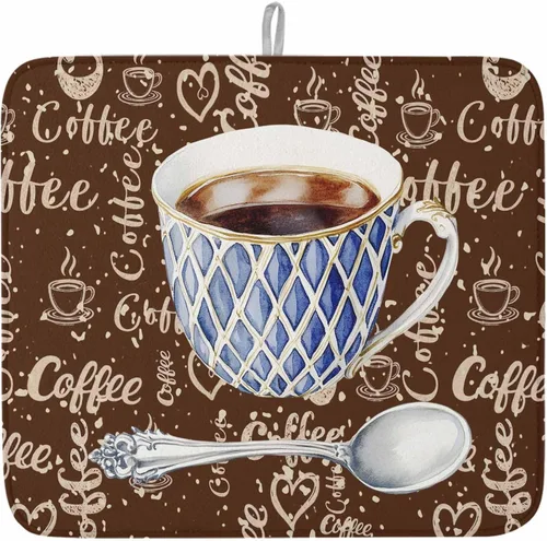 Vista 10 de Tapete de secado de platos naranja quemado para encimera de cocina, almohadillas de microfibra con bloques de color geométrico gris, pintura al óleo