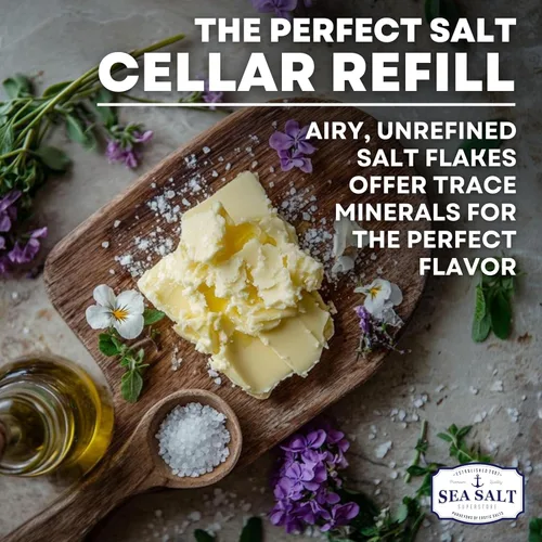 Vista 4 de Copos de Sal Marina Recolectados a Mano, Baja Fleur de Sel, para Hornear, Cocinar y Pescar, Bolsa de 7 oz