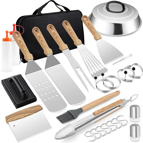 Leonyo - Juego de 19 accesorios para parrilla plana para exteriores, espátula de metal de acero inoxidable, kit de herramientas resistentes para