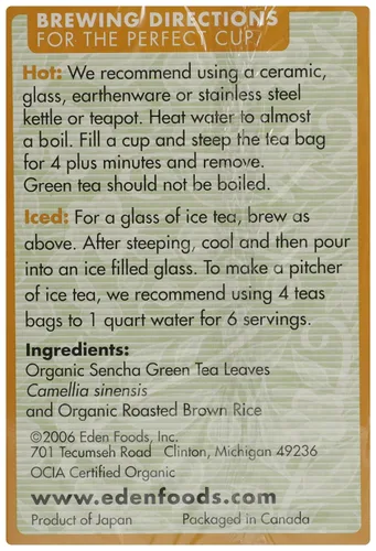 Vista 2 de Eden Té verde orgánico con arroz integral, Genmaicha, bolsas de té, (1.01 onzas) cajas de 16