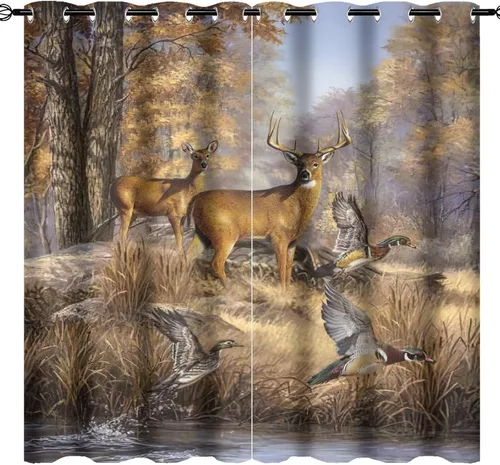 Vista 23 de Cortinas opacas rústicas de cabaña con osos y ciervos - Juego de cortinas de ventana con ojales de temática de granja abstracta, caza, animal Cabaña
